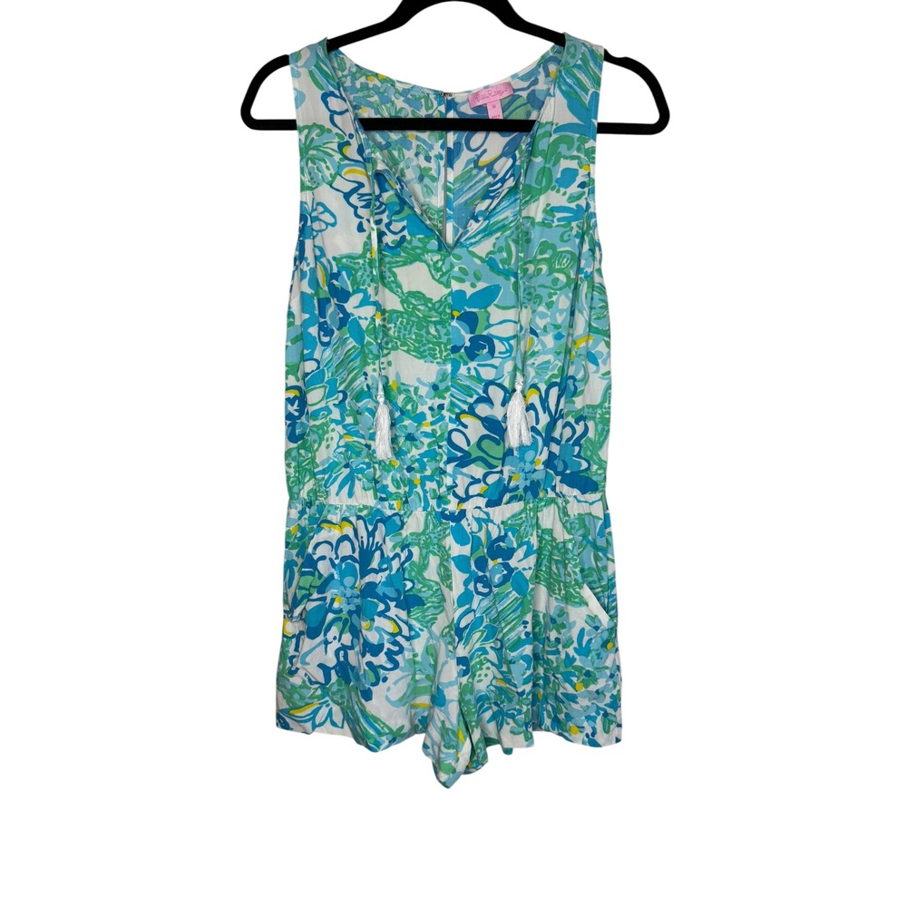 Lilly Pulitzer Tybee Romper‎ In A Pinch Blue Green Floral Tassel Rayon Medium